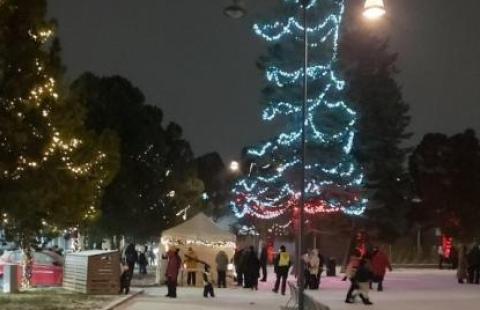 Ihmisiä jouluasuunsa puetussa Härkätorin puistossa.